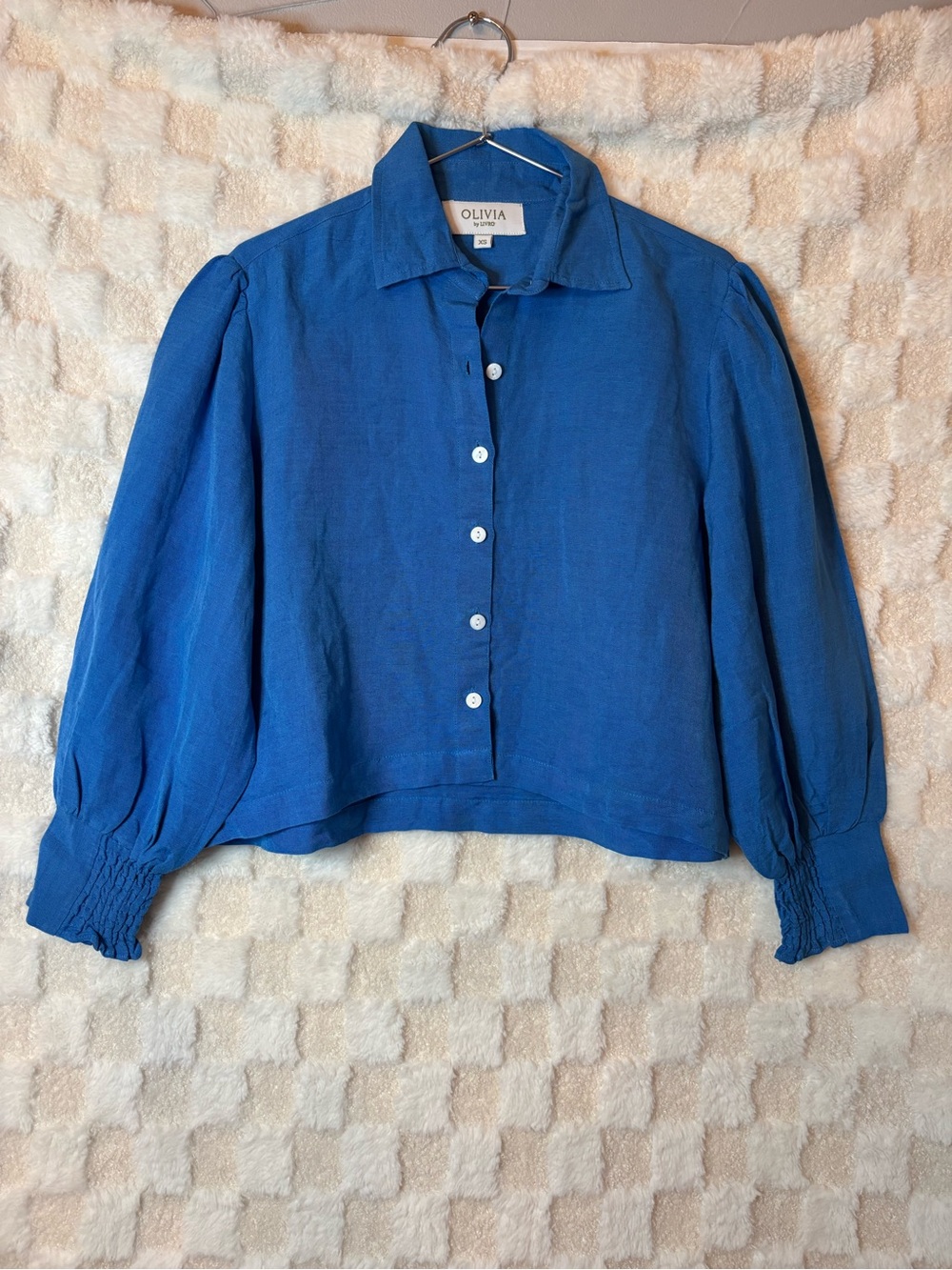 Olivia by Livro Cobalt Blue Linen Blend Balloon Sleeve Top XS